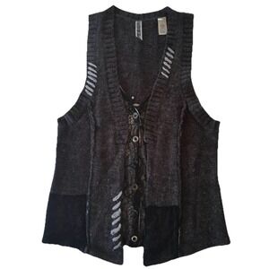 BKE Women's Sz M Sweater Vest Gray Black Lace Patchwork‎ Sleeveless Y2K Boho